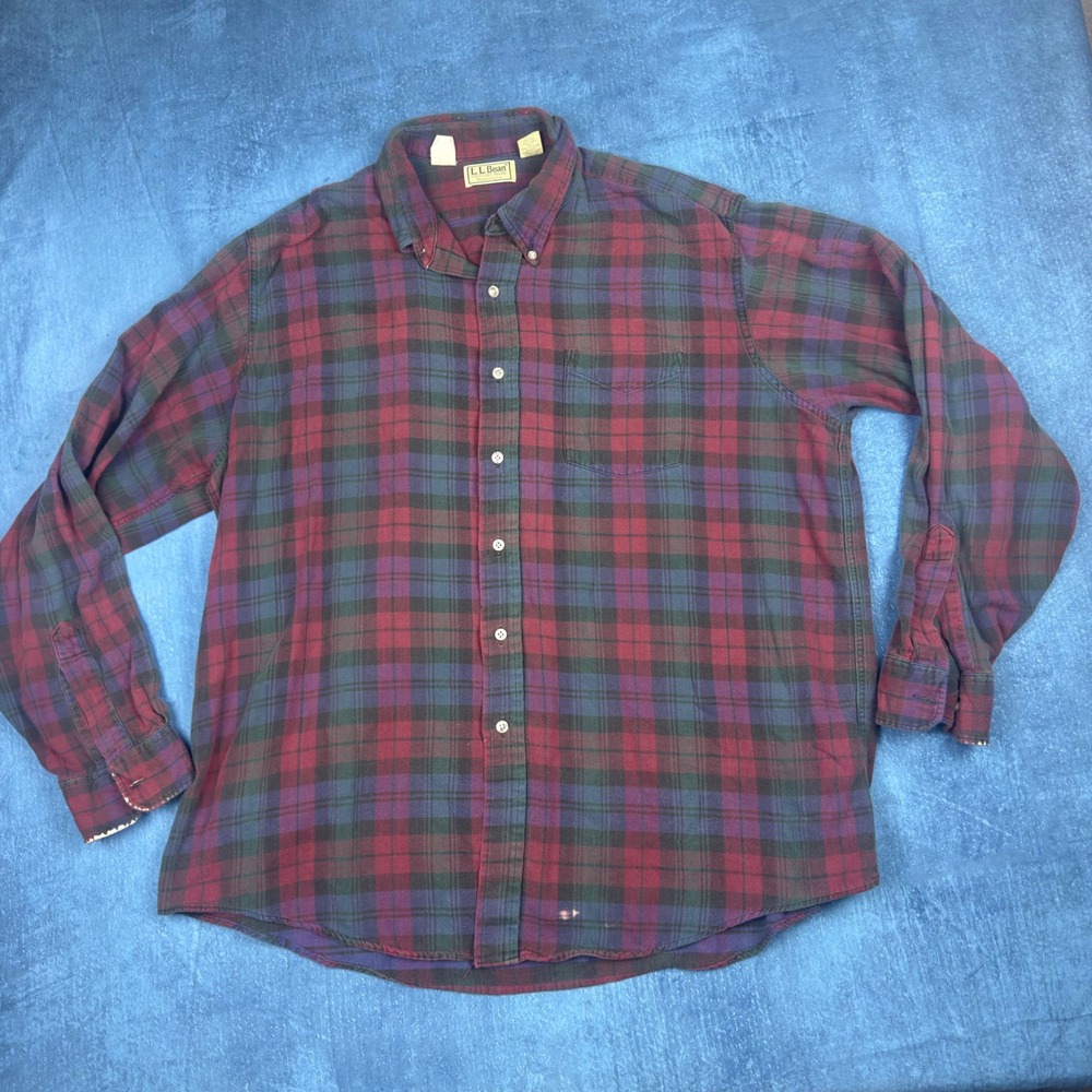 Vintage LL Bean Plaid Flannel Shirt Mens XL Burgundy Green Made in USA Flawed